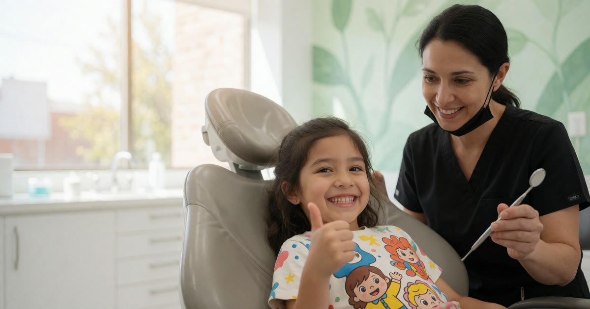 Niña sonriendo con pulgar arriba en sillón dental junto a la dentista en Monterrey: cómo preparar a tu hijo para ir al dentista sin miedo