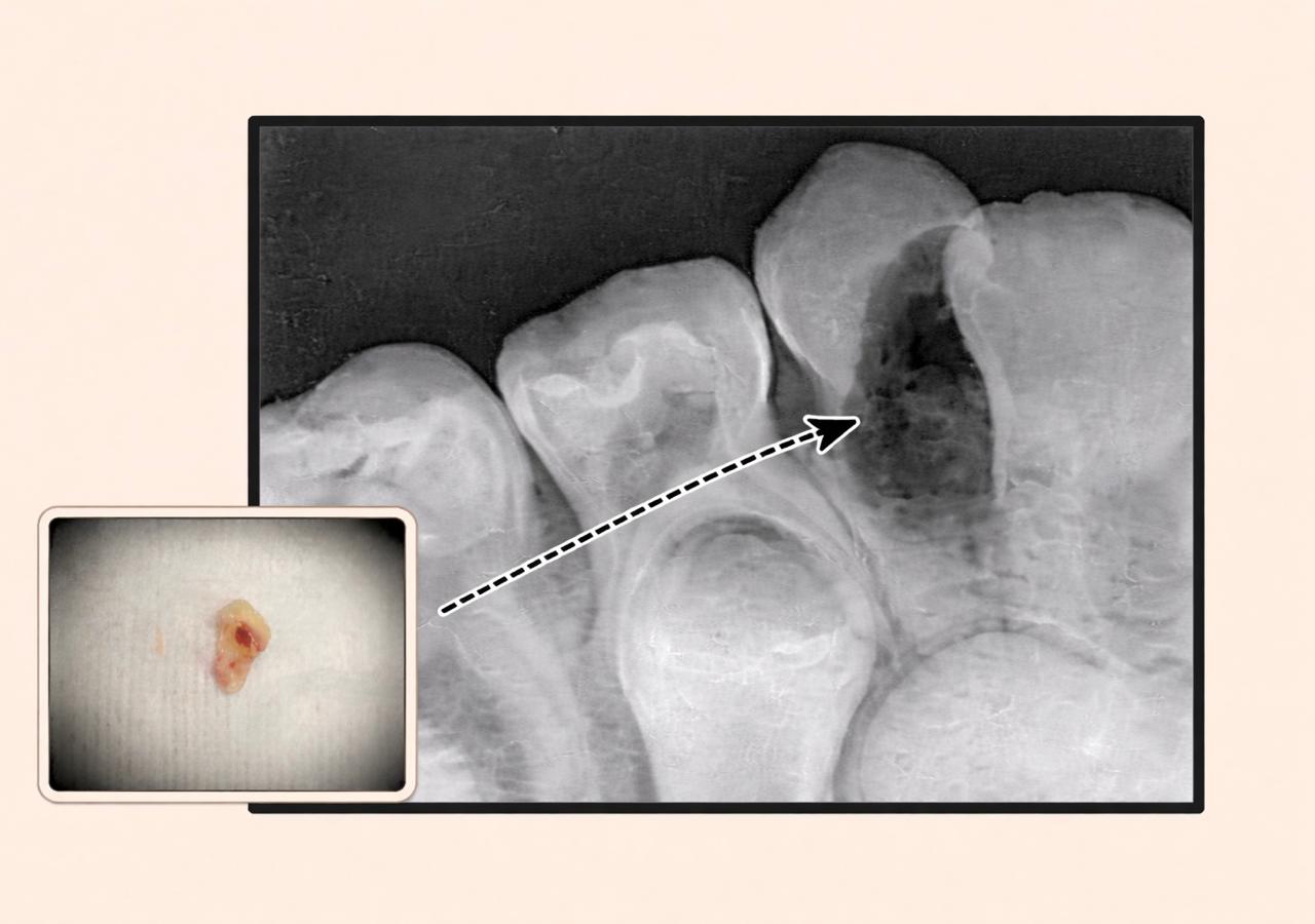 Radiografía dental en Monterrey: molar con caries extensa y fragmento, diagnóstico por imagen