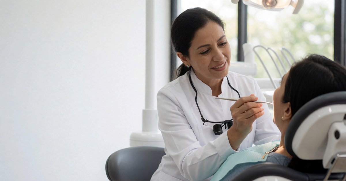 Sensibilidad dental en Monterrey: dentista revisando los dientes de una paciente que siente dolor con bebidas frías, en Especialidades Dentales